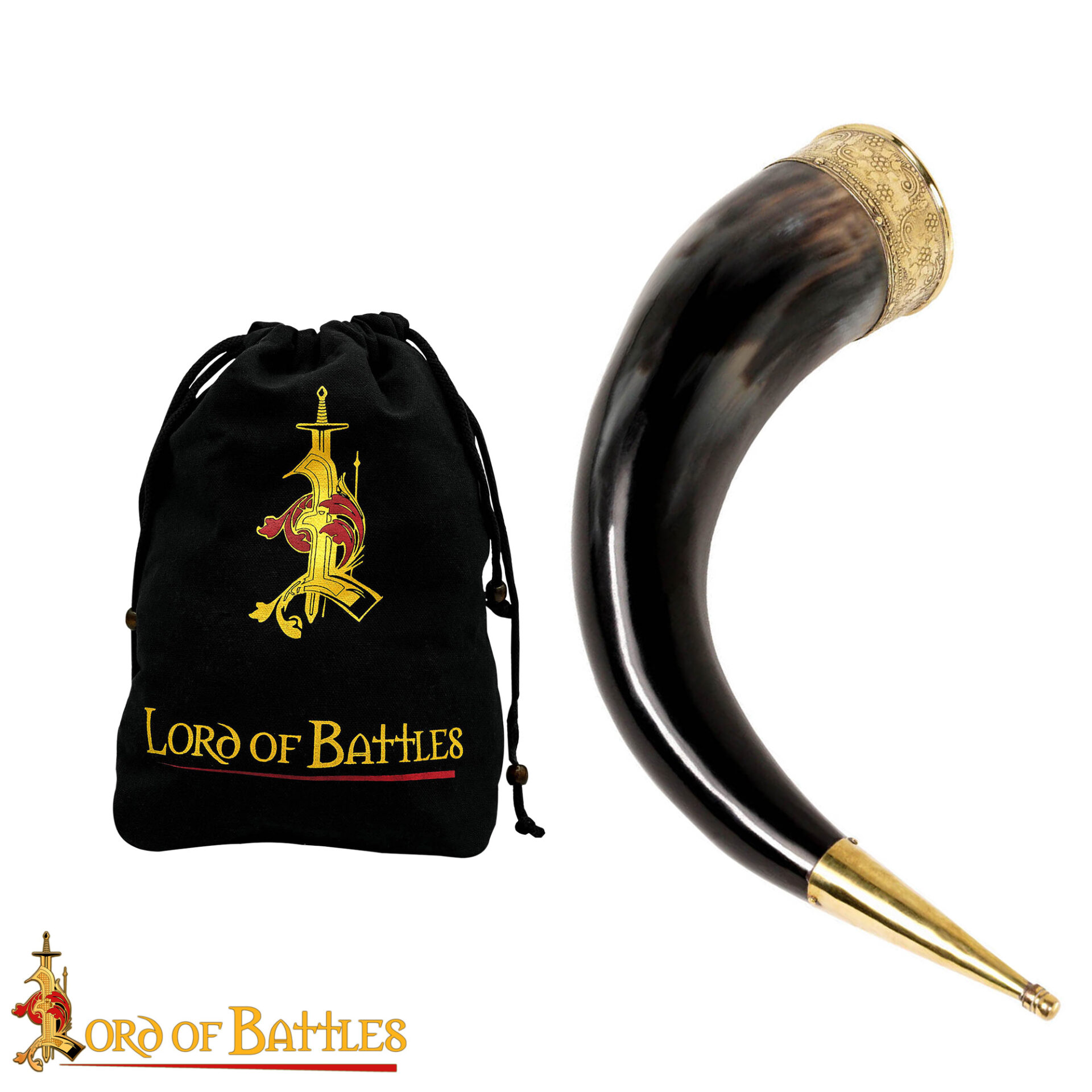 10th Century Natural Horn Viking Drinking Horn with Ornate Brass Rim and Tip-4234 3