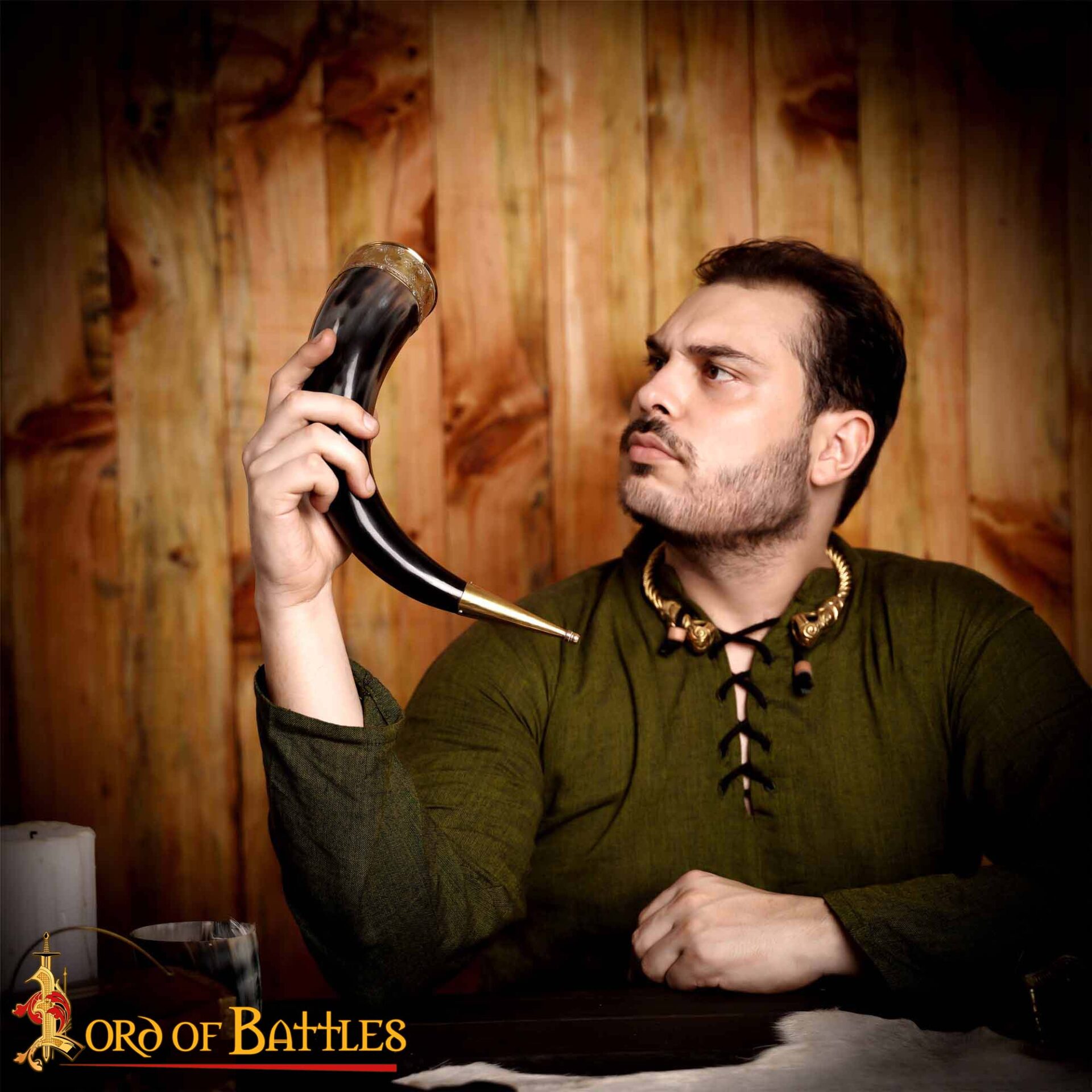 10th Century Natural Horn Viking Drinking Horn with Ornate Brass Rim and Tip-4234 4