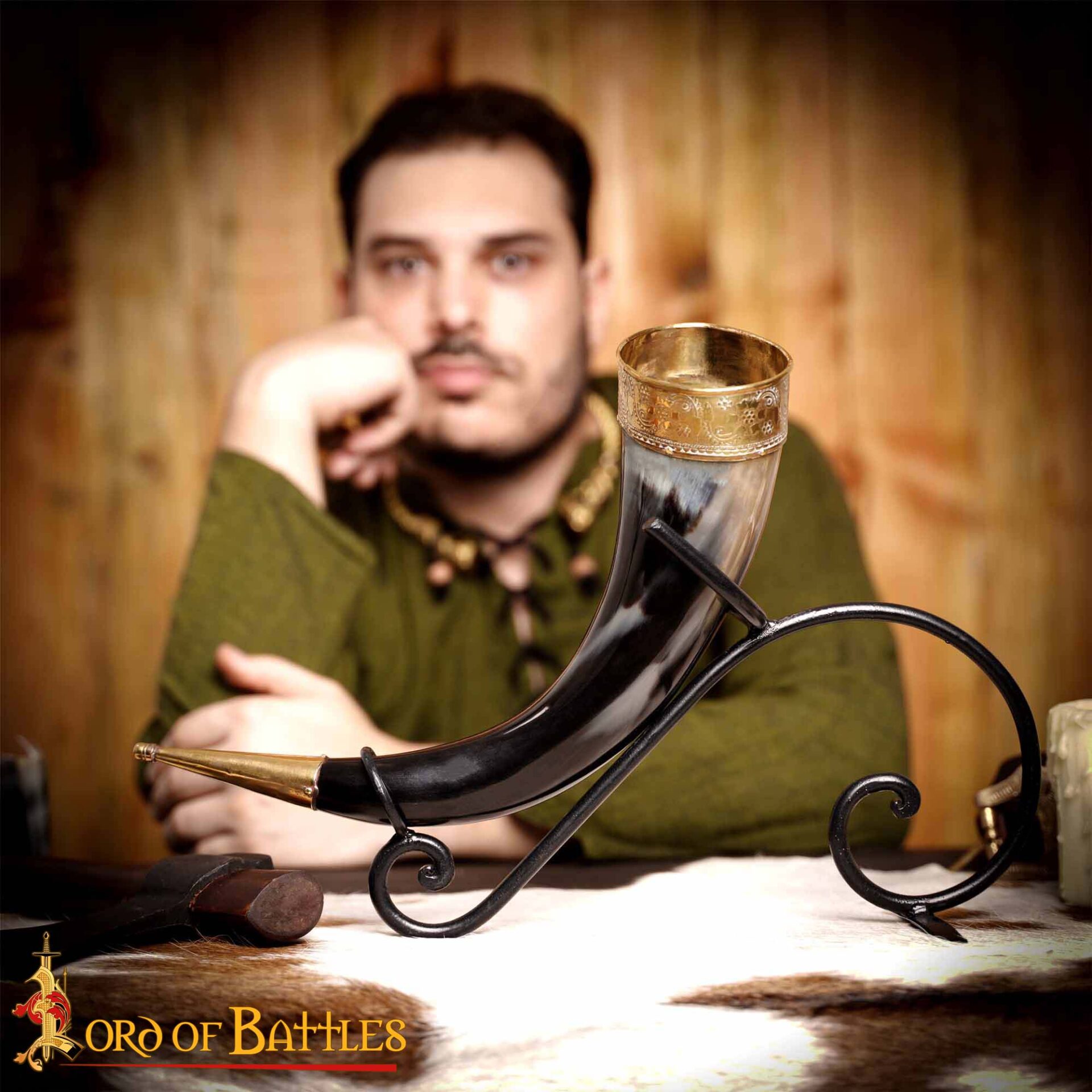 10th Century Natural Horn Viking Drinking Horn with Ornate Brass Rim and Tip-4234 5