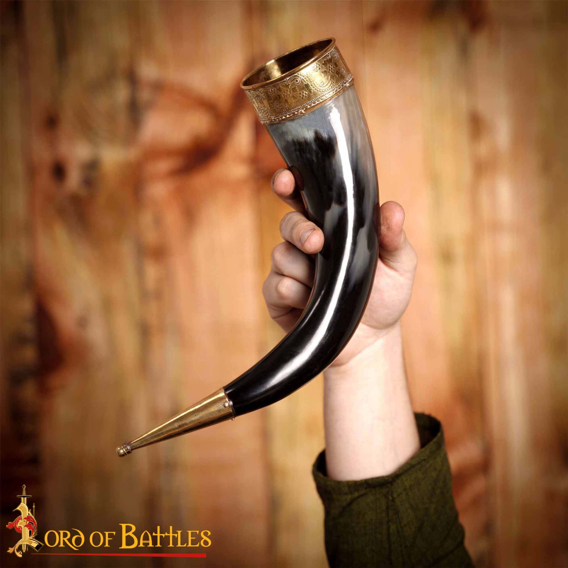 10th Century Natural Horn Viking Drinking Horn with Ornate Brass Rim and Tip-4234