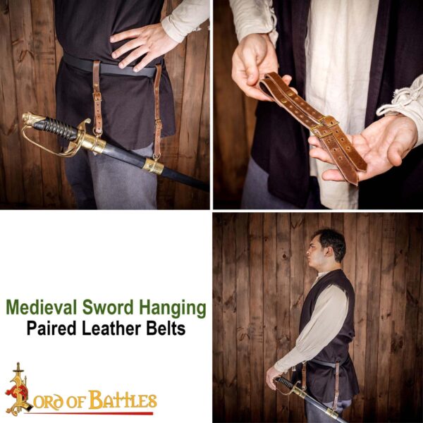14th Century Medieval Leather Sword Hanger Straps with Brass Buckles 25364CBR 6