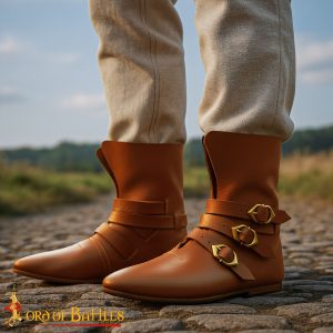 15th Century Handcrafted Leather Boots with Triple Brass Straps