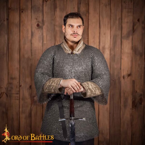 Flat Ring Chainmail Medieval Half Sleeves Shirt Haubergeon, Riveted and Alternating, 9 mm 17 gauge, Mild Steel