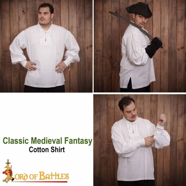 Classic Medieval Fantasy or Renaissance Pirate Shirt Handmade Light Cotton, White and Black - Image 14