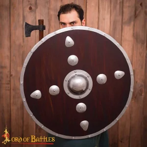 Studded Viking Wooden Shield with Steel Umbo and Fittings