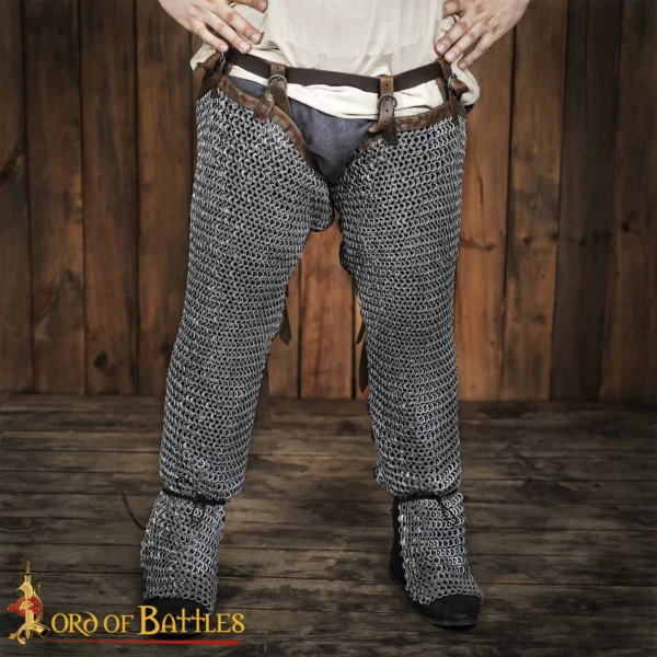 Flat Ring Chainmail Leggings Chausses Hoses, Riveted and Alternating, ID 9 mm, Natural
