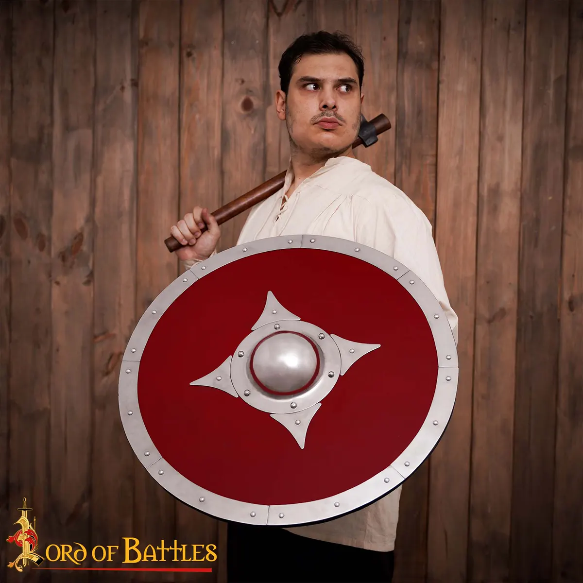 Viking Wooden Red Combat Shield with Steel Fittings and Umbo Viking Wooden Red Combat Shield with Steel Fittings and Umbo - Image 2