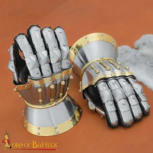 Medieval Hourglass Gauntlets | 16 Gauge Steel with Brass Accents & Integrated Leather Gloves