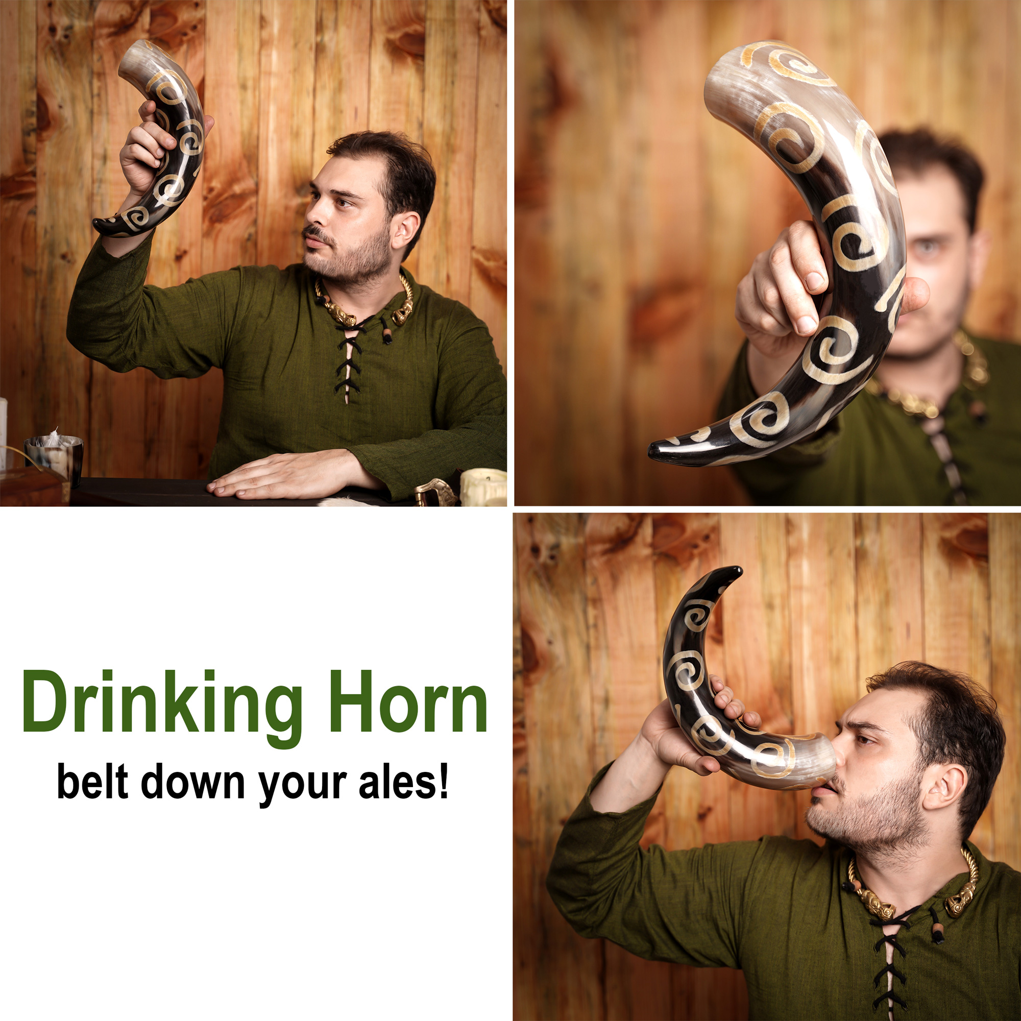 Bovine Drinking Horn Medieval Swirl Design With Rack Stand Functional Decor
