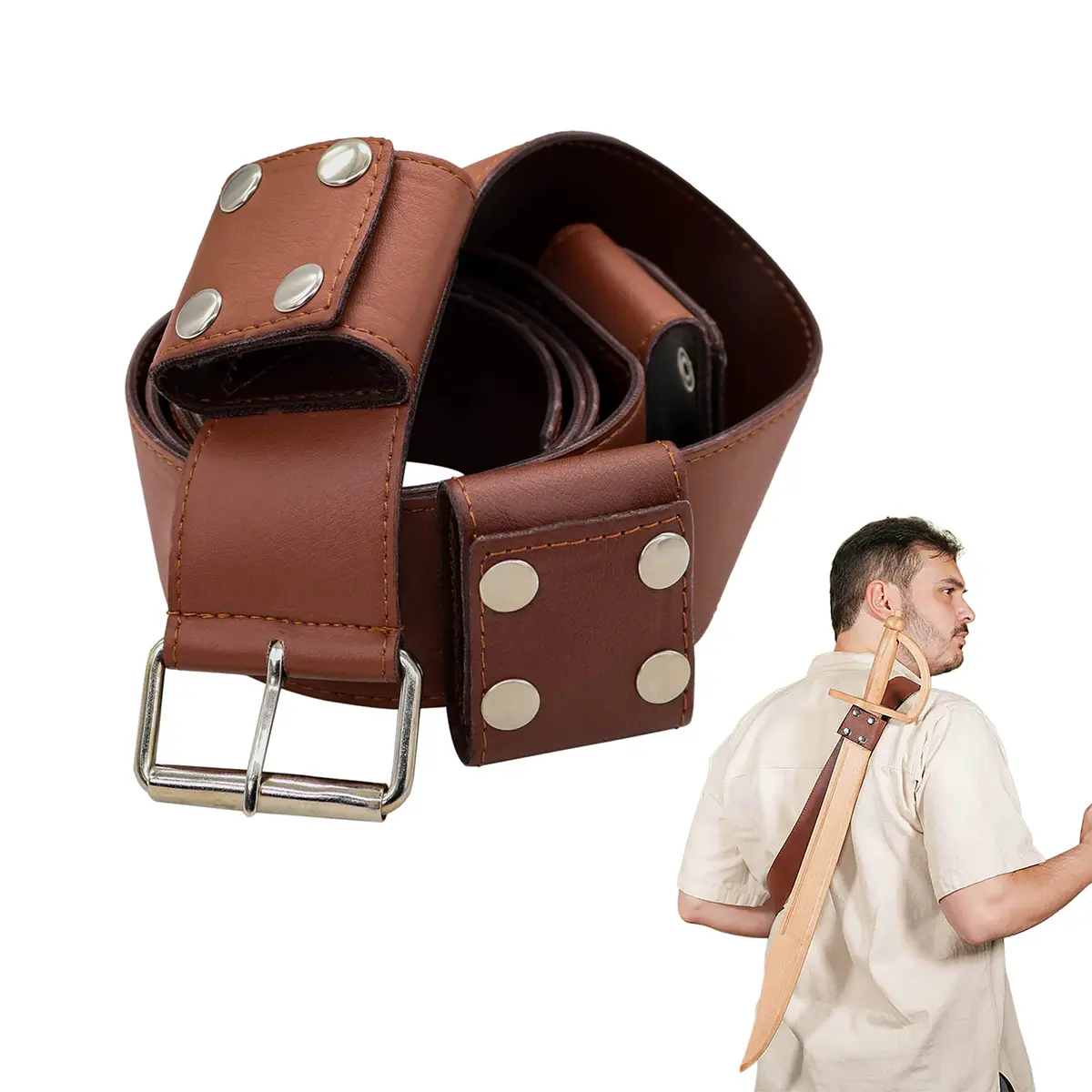 Medieval Leather Sword Belt – Handcrafted Belt with Riveted Reinforcements for LARP, Stage , Costume Medieval Leather Sword Belt – Handcrafted Belt with Riveted Reinforcements for LARP, Stage , Costume - Image 4