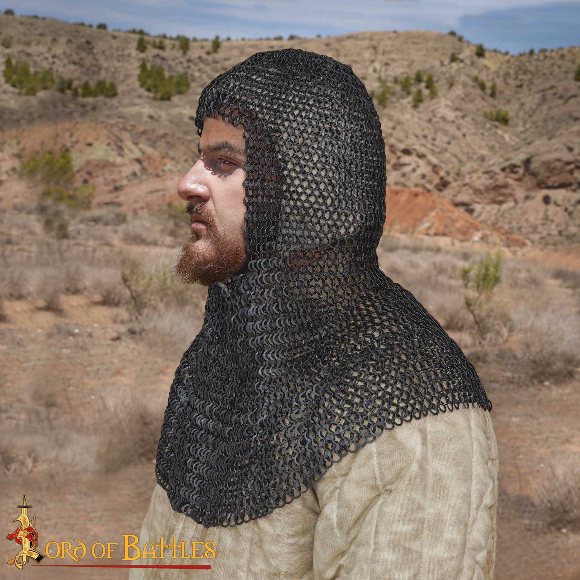 Chainmail Medieval Coif Hood 9mm 18 g round ring round rivet alt-354BK 1