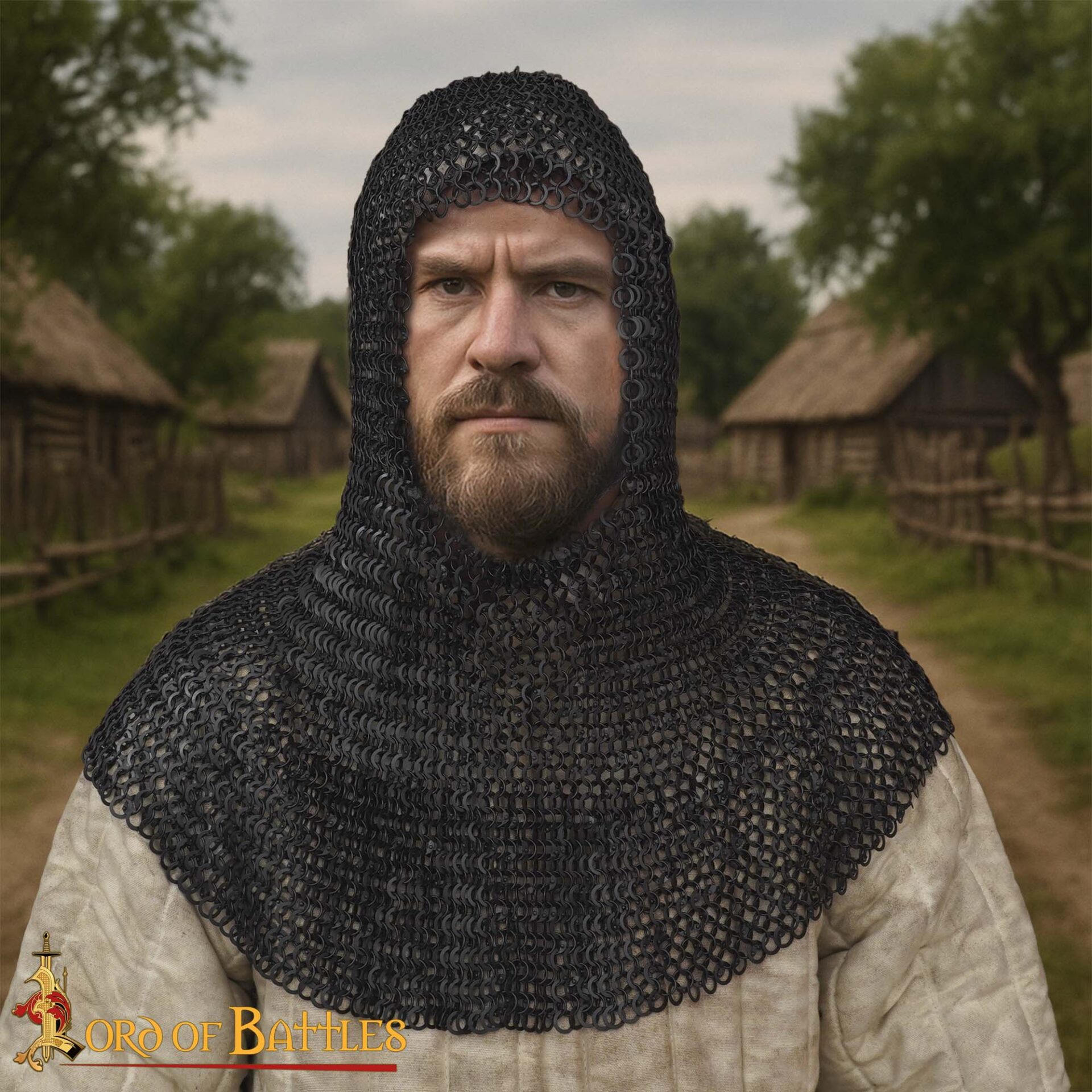 Chainmail Medieval Coif Hood 9mm 18 g round ring round rivet alt-354BK