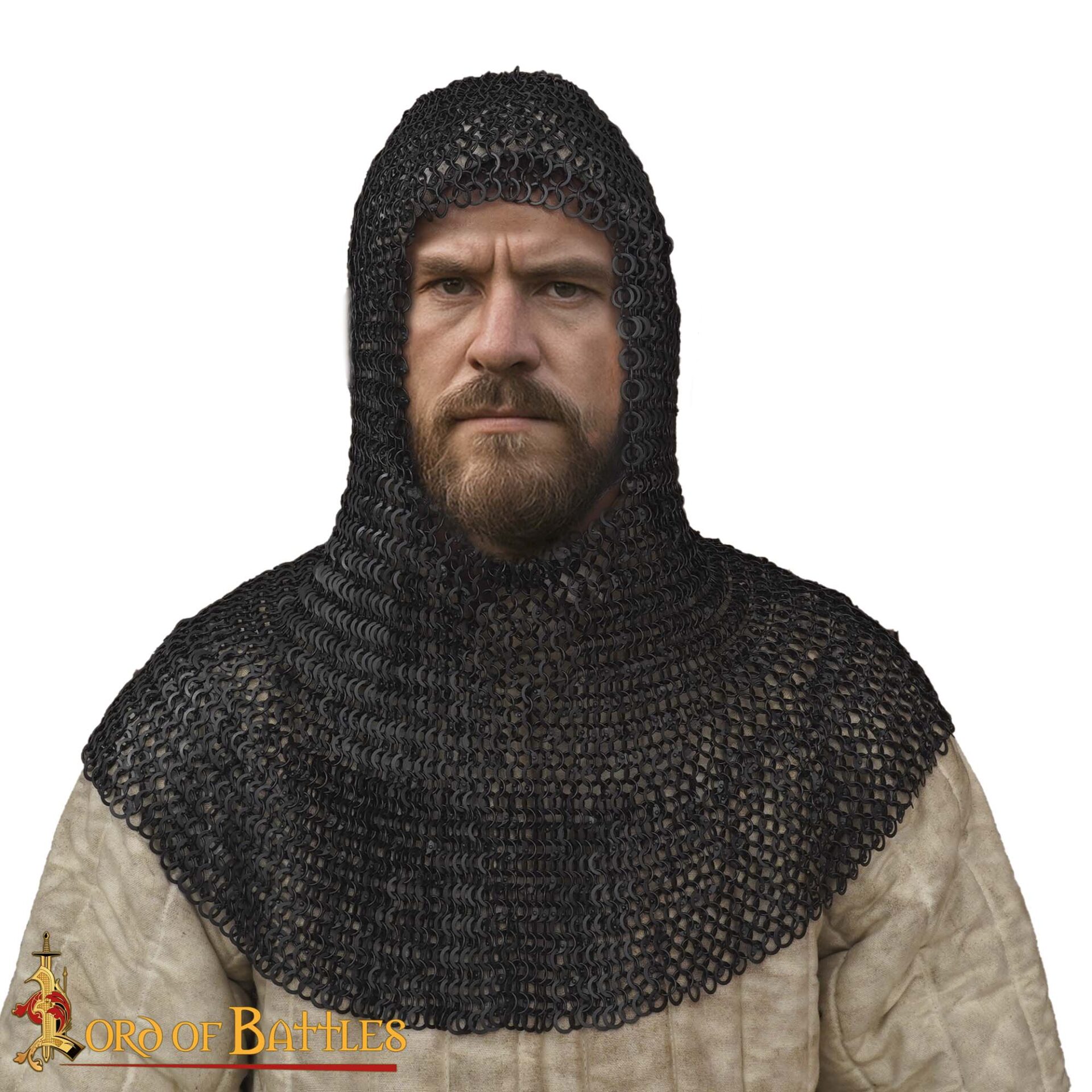 Chainmail Medieval Coif Hood 9mm 18 g round ring round rivet alt-354BK 3