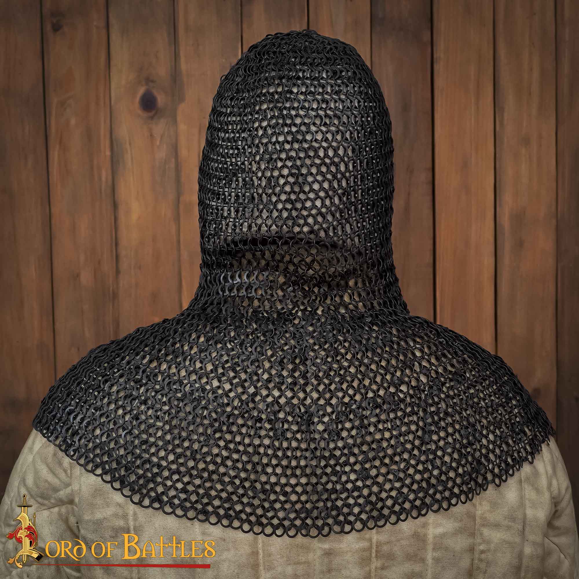Chainmail Medieval Coif Hood 9mm 18 g round ring round rivet alt-354BK 4