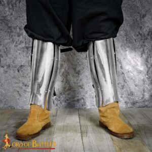 Medieval Three Plate Steel Greaves 16 Gauge Polished Leg Armor with Leather Straps