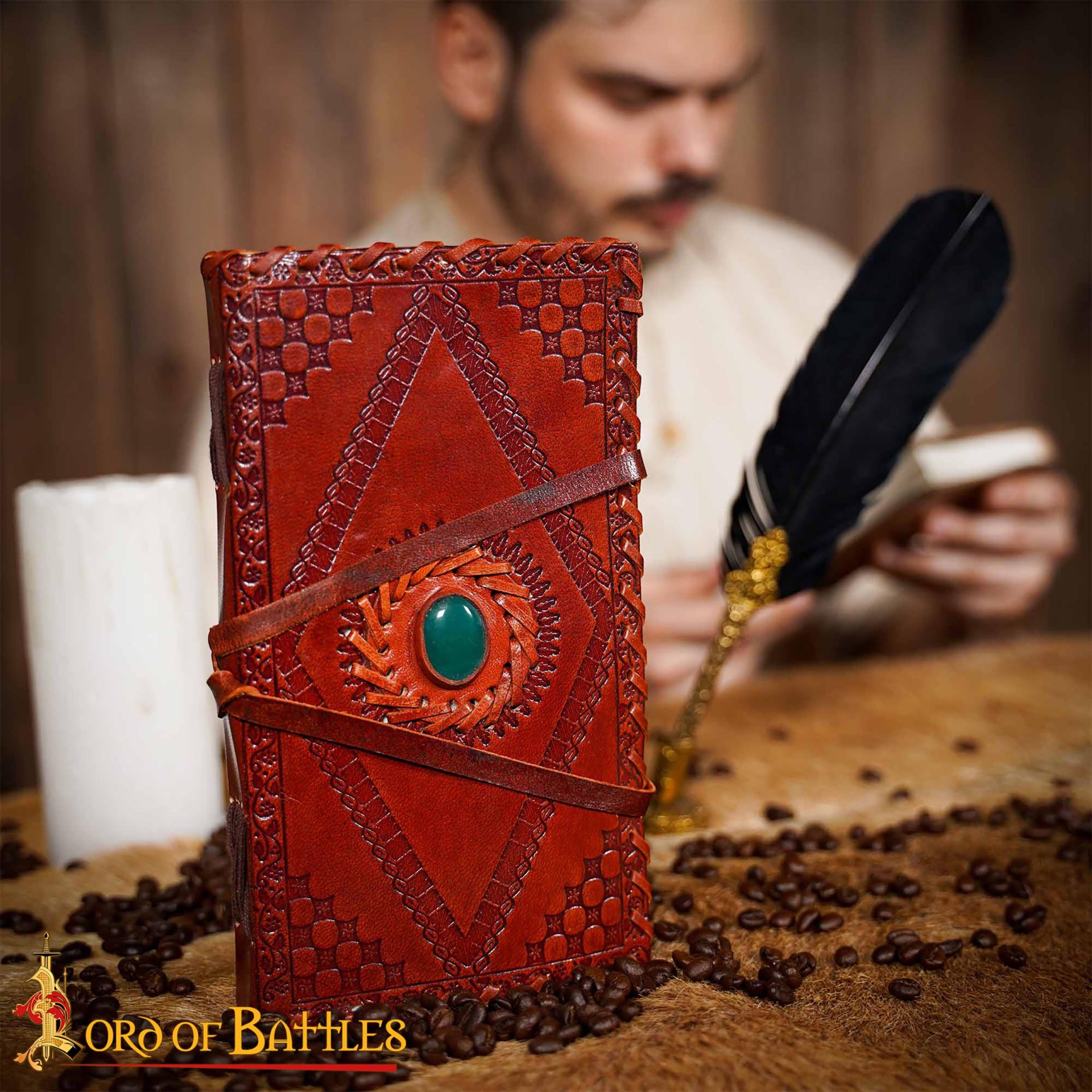 Medieval Leather Journal with Green Stone Handcrafted Vintage Diary-8604ABR