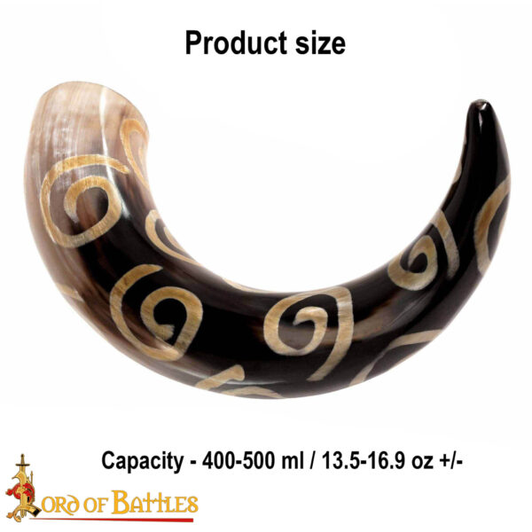 Drinking Horn with Charred Spiral Designs Handcrafted Genuine Ox Horn - Image 3