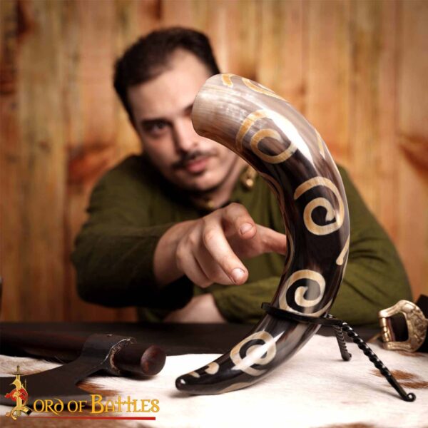 Drinking Horn with Charred Spiral Designs Handcrafted Genuine Ox Horn - Image 5