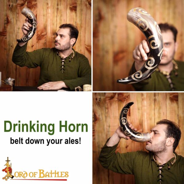 Drinking Horn with Charred Spiral Designs Handcrafted Genuine Ox Horn - Image 7