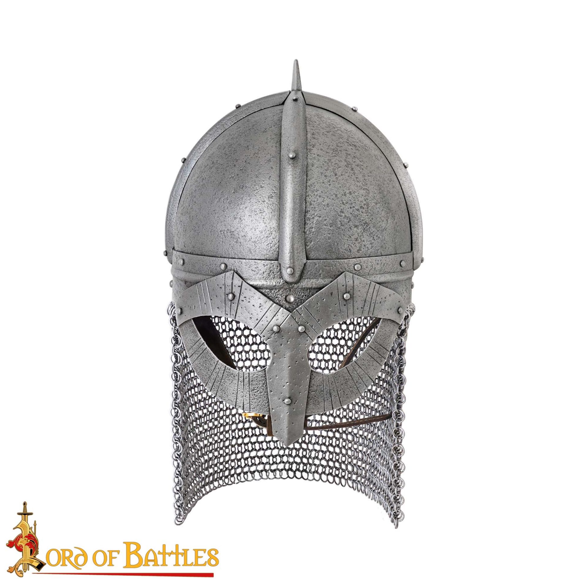Viking Gjermundbu Antique Steel Helmet with Genuine Leather Liner and Butted Chainmail-2241A 3