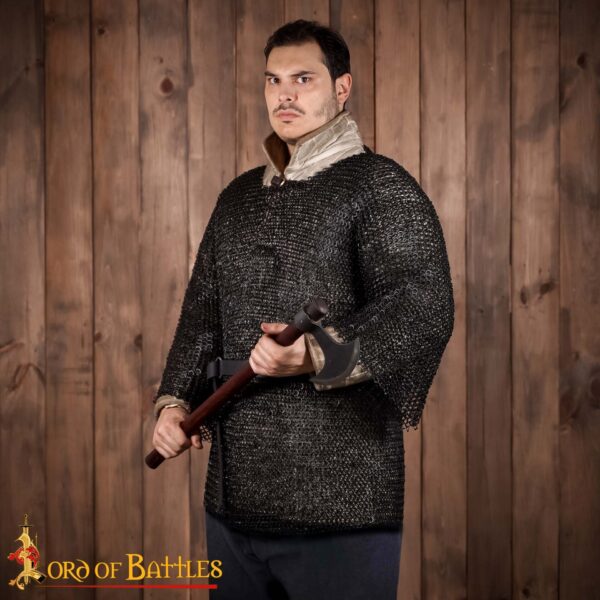 Round Ring Chainmail Medieval Half Sleeves Shirt Haubergeon, Riveted and Alternating, 9 mm 18 gauge, Mild Steel, Blackened - Image 2
