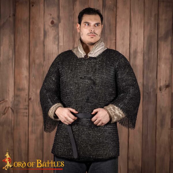 Round Ring Chainmail Medieval Half Sleeves Shirt Haubergeon, Riveted and Alternating, 9 mm 18 gauge, Mild Steel, Blackened