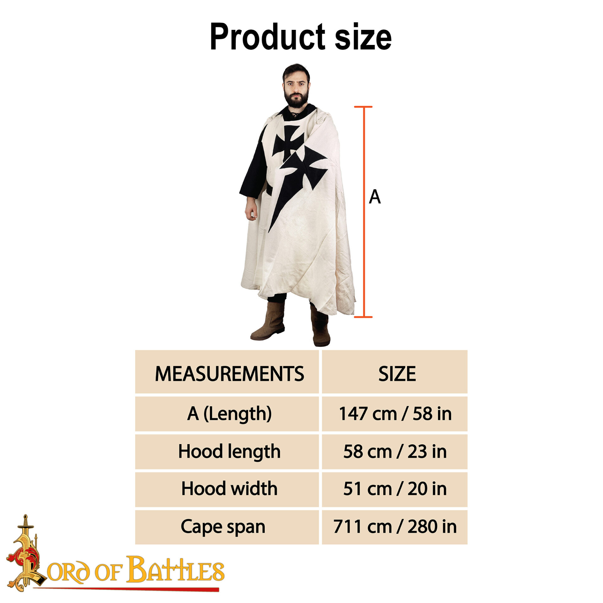 13th Century Medieval Knights Hospitaller Cloak Crusader Cape with Black Cross-25225 2