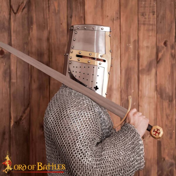 Crusader Knight Pot Helm Battle Ready with Brass Cross 16 gauge - Image 4