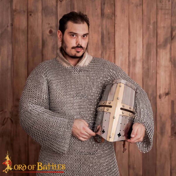 Crusader Knight Pot Helm Battle Ready with Brass Cross 16 gauge - Image 5