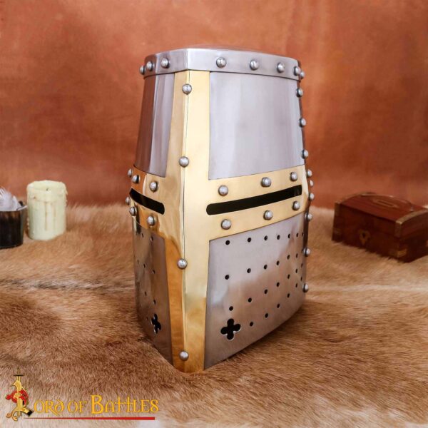 Crusader Knight Pot Helm Battle Ready with Brass Cross 16 gauge - Image 2