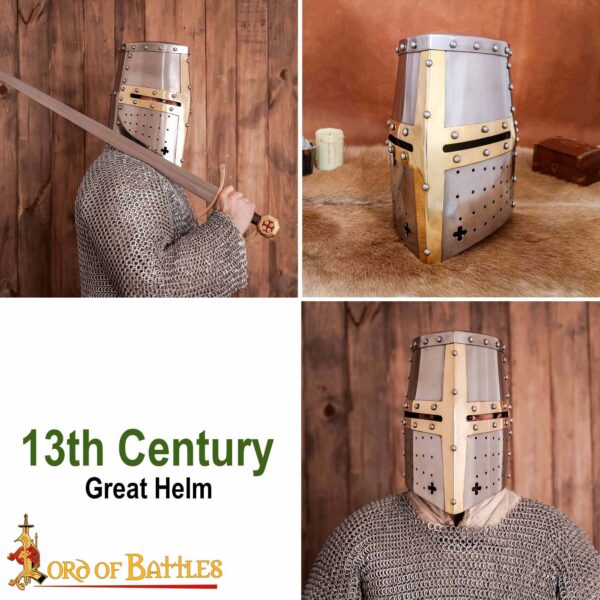 Crusader Knight Pot Helm Battle Ready with Brass Cross 16 gauge - Image 7
