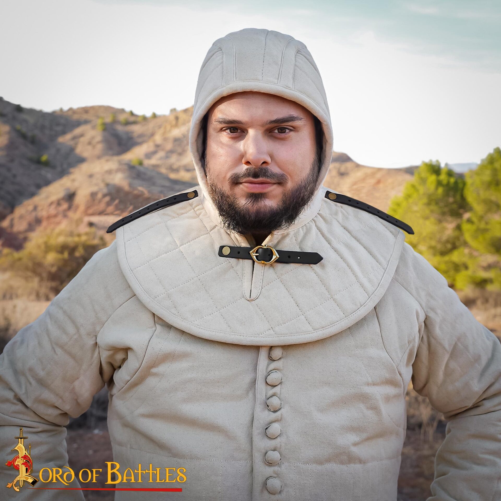 14th Century Padded Arming Hood with Collar Medieval Gambeson Hood with Leather Straps 7207E