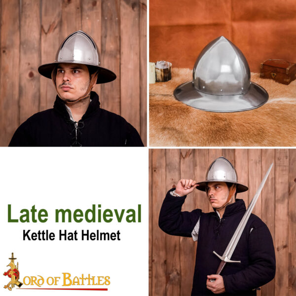 XIV Century kettle Hat Steel Helmet with leather Liner 16 Gauge - Image 9