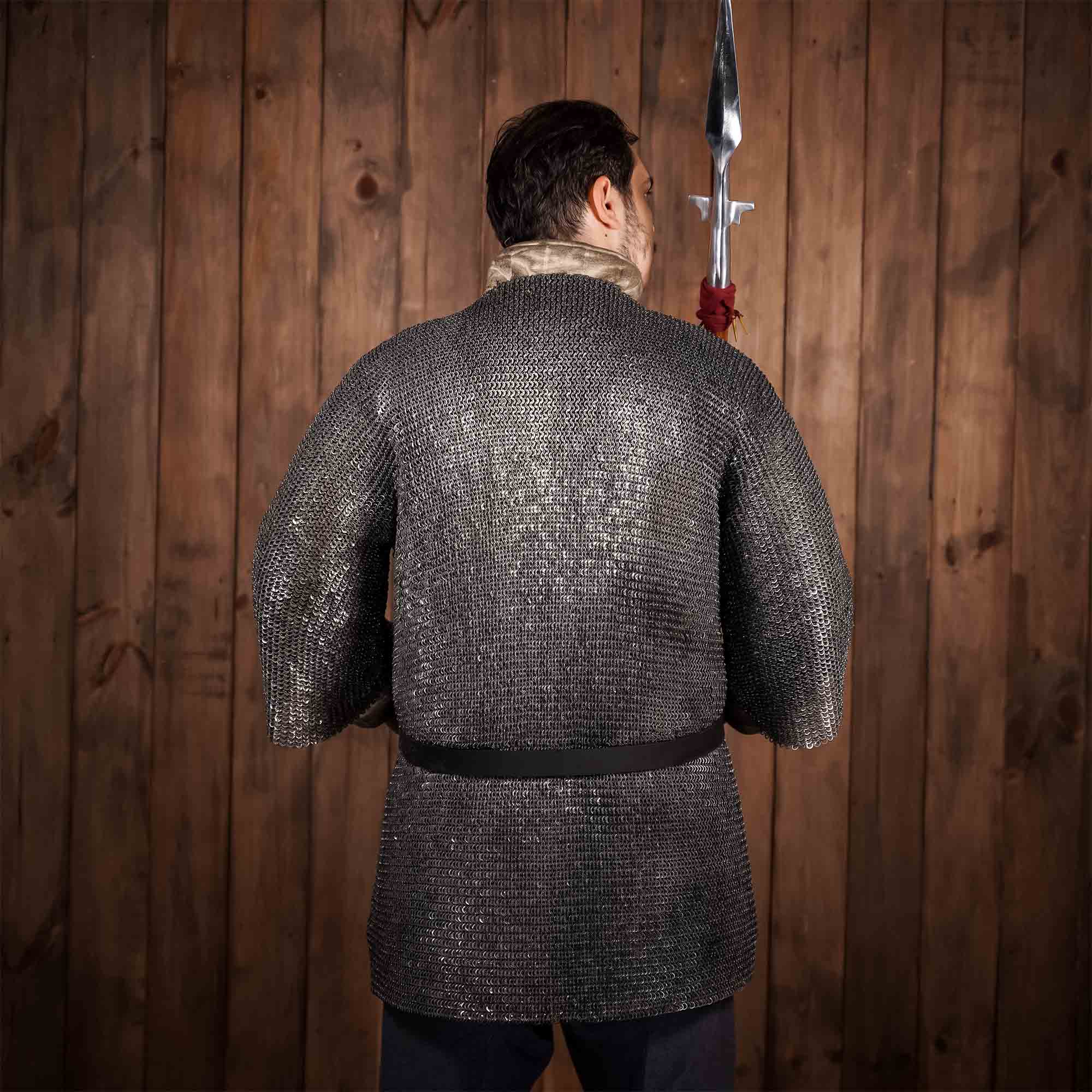 The Medieval 6MM MS Round Riveted with alternate flat ring Hauberk Chainmail  Armor Full Sleeve Shirt - Natural Oiled Finish, Large 