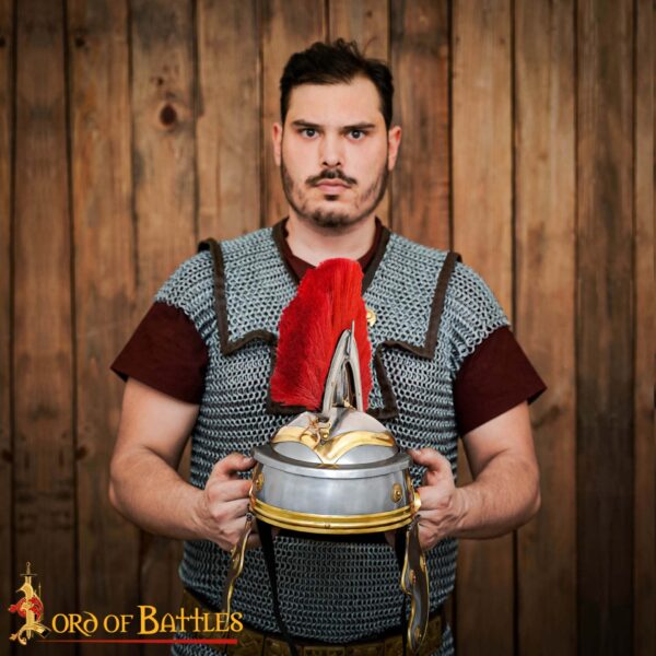 Roman Centurion Steel Helmet with Iron Attachment & Red Plume - Image 2