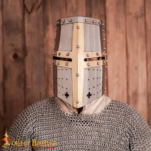 Crusader Knight Pot Helm – 12th–13th Century Great Helm in 16 Gauge Steel with Brass Cross