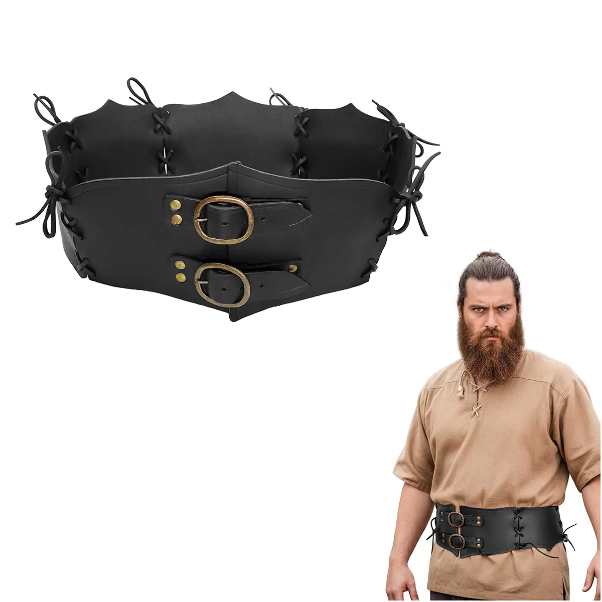 Medieval Wide Leather Waist Belt with Antique Brass Buckles Medieval Wide Leather Waist Belt with Antique Brass Buckles - Image 4