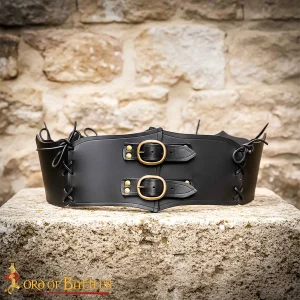 Medieval Wide Leather Waist Belt with Antique Brass Buckles