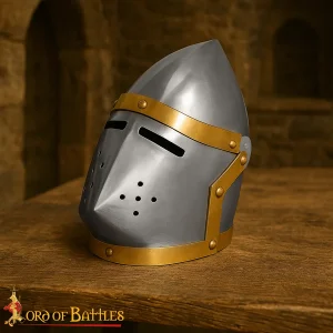 Decorative Pig Face Bascinet Mini Helmet with Chrome Finish and Wooden Stand