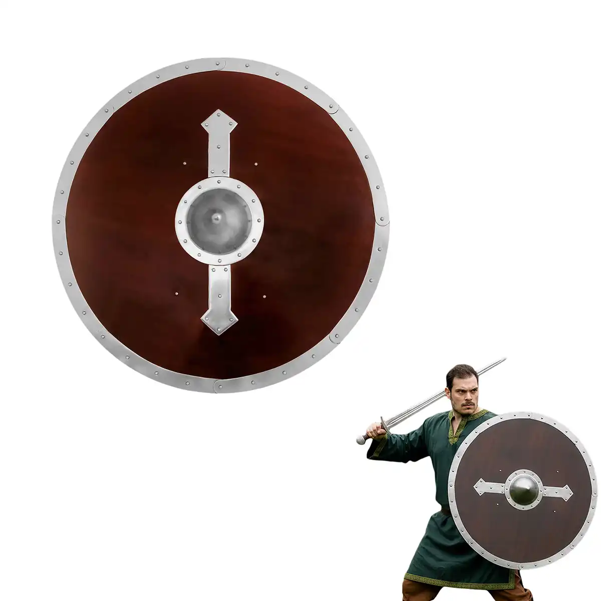 Viking Round Shield Handmade Wooden Shield with Steel Boss & Rim, LARP, Stage Combat, SCA Viking Round Shield Handmade Wooden Shield with Steel Boss & Rim, LARP, Stage Combat, SCA - Image 4