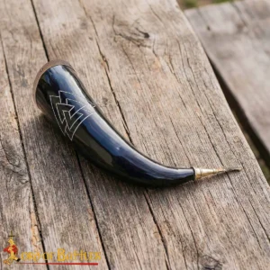 Norse Drinking Horn - Valknut Design with Brass Rim & Tip
