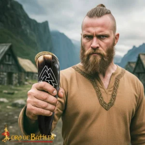 Norse Drinking Horn - Valknut Design with Brass Rim & Tip