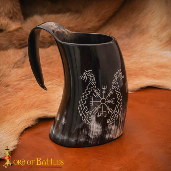 Medieval Viking Horn Vegvisir Tankard Beer Mug Handcrafted Genuine Ox Horn - Image 5