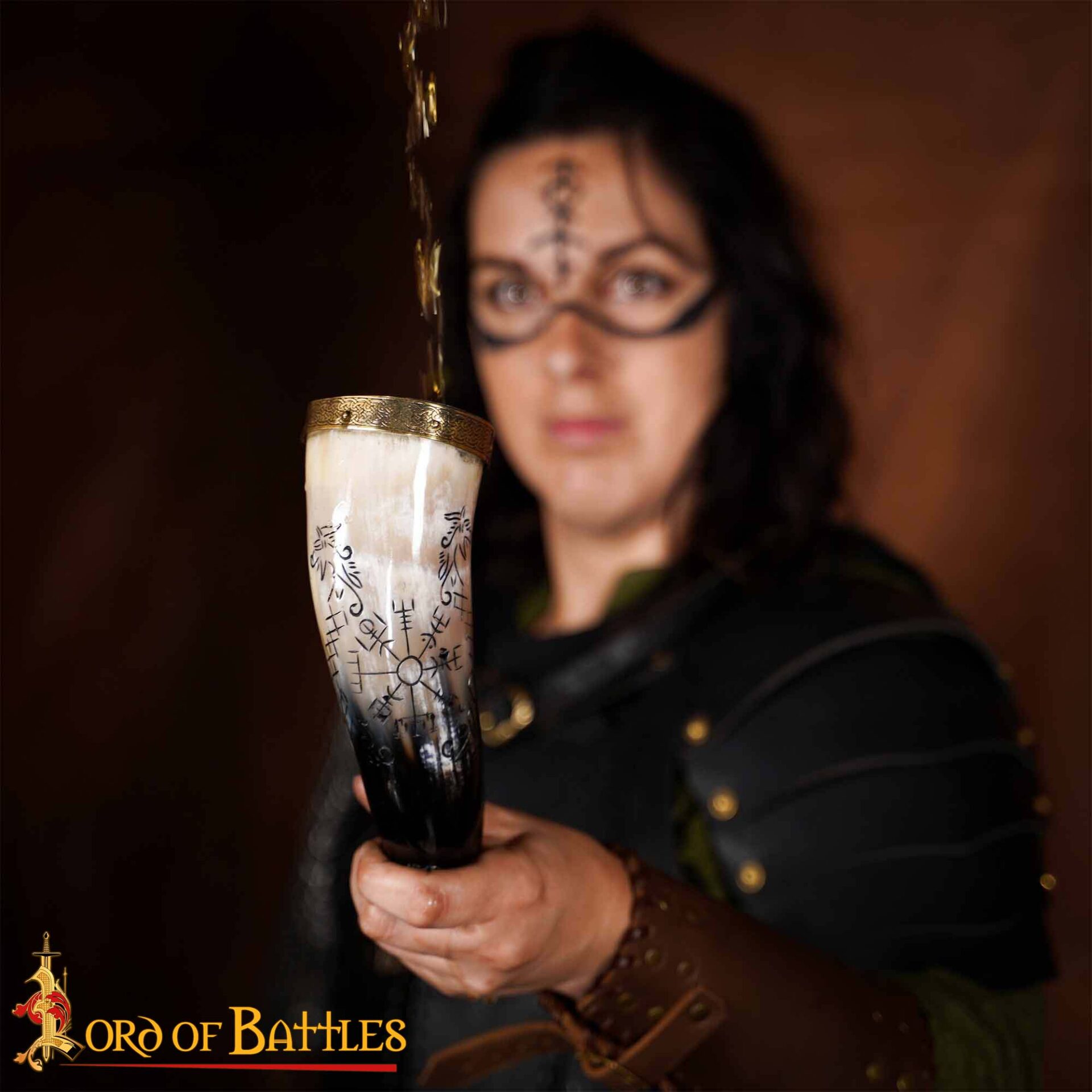 9th Century Viking Drinking Horn with Brass Fittings and Norse Runes-60621 4