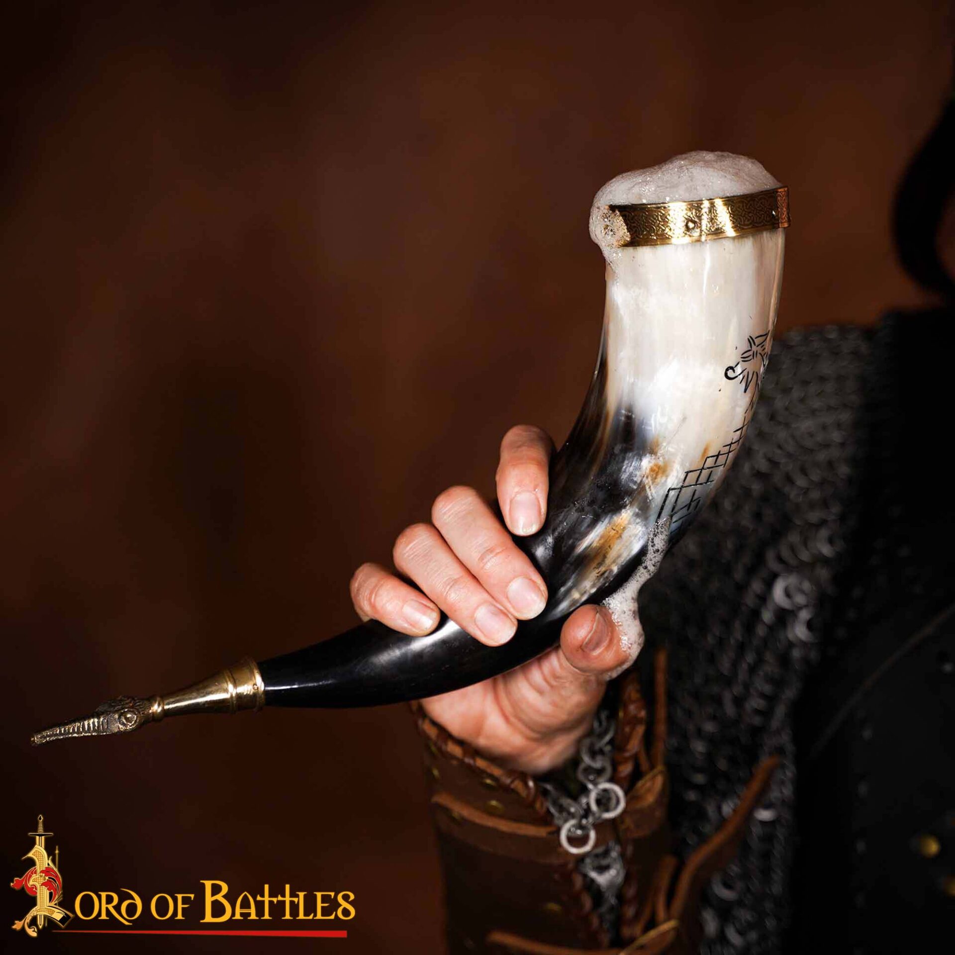 9th Century Viking Drinking Horn with Brass Fittings and Norse Runes-60621 5