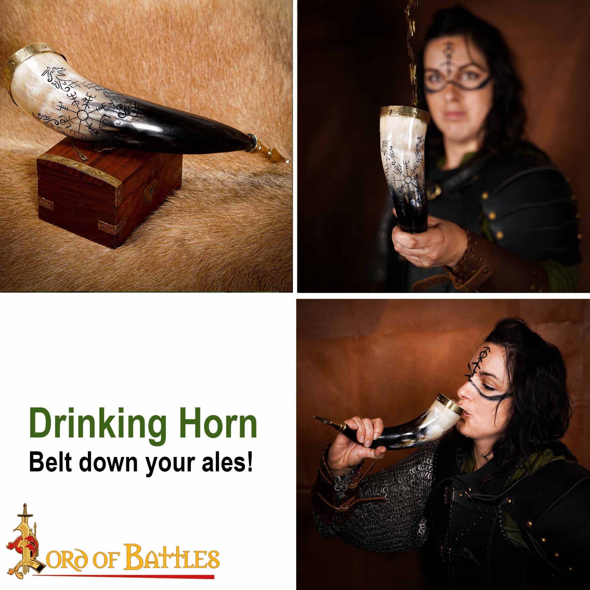 9th Century Viking Drinking Horn with Brass Fittings and Norse Runes-60621 6