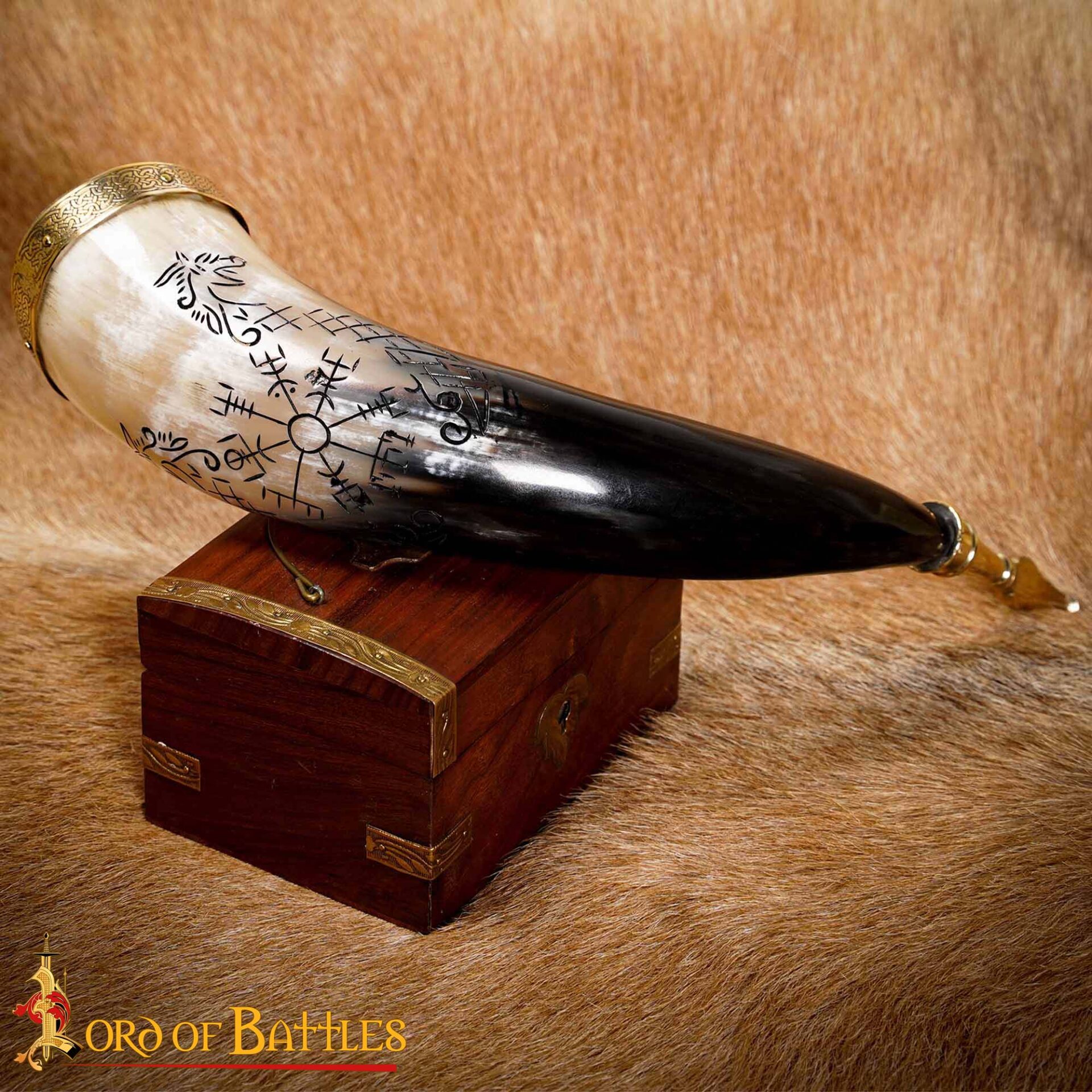9th Century Viking Drinking Horn with Brass Fittings and Norse Runes-60621