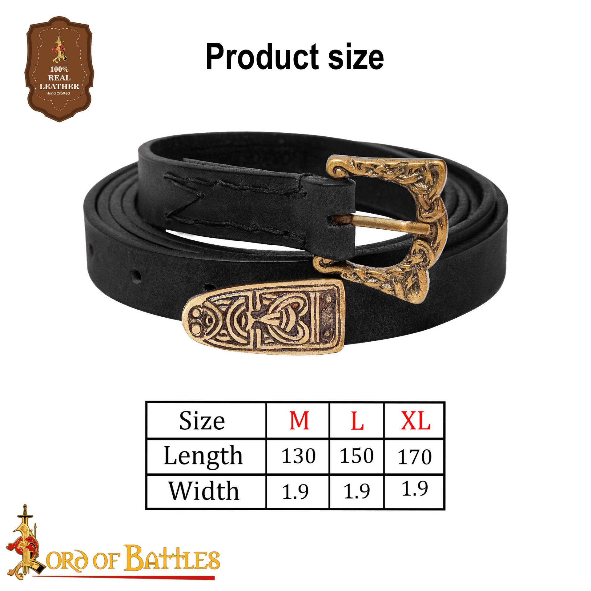 9th Century Viking Leather Belt with Brass Buckle and Strap End Norse Knotwork Design-25880BK 2