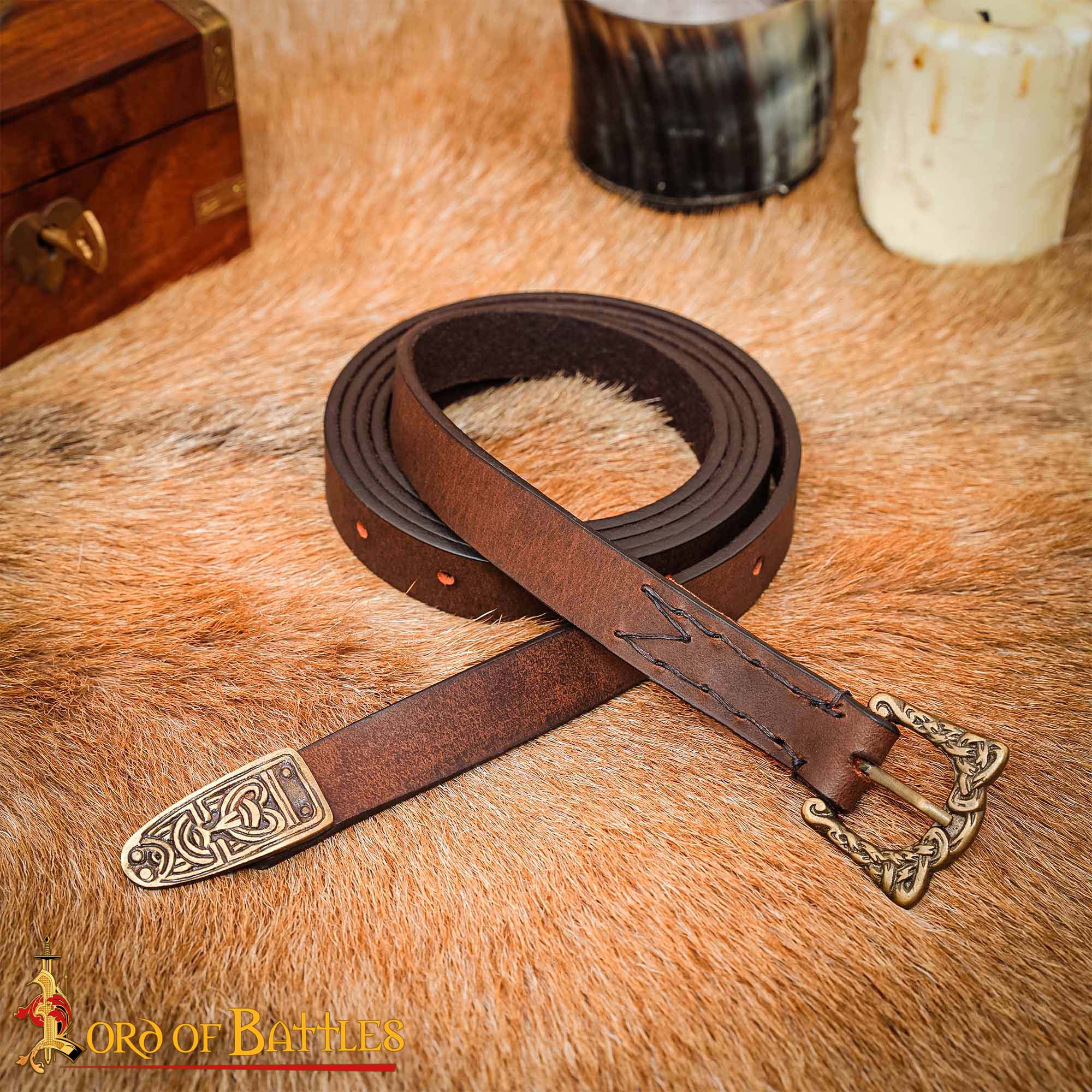 9th Century Viking Leather Belt with Brass Buckle and Strap End Norse Knotwork Design-25880BR 4