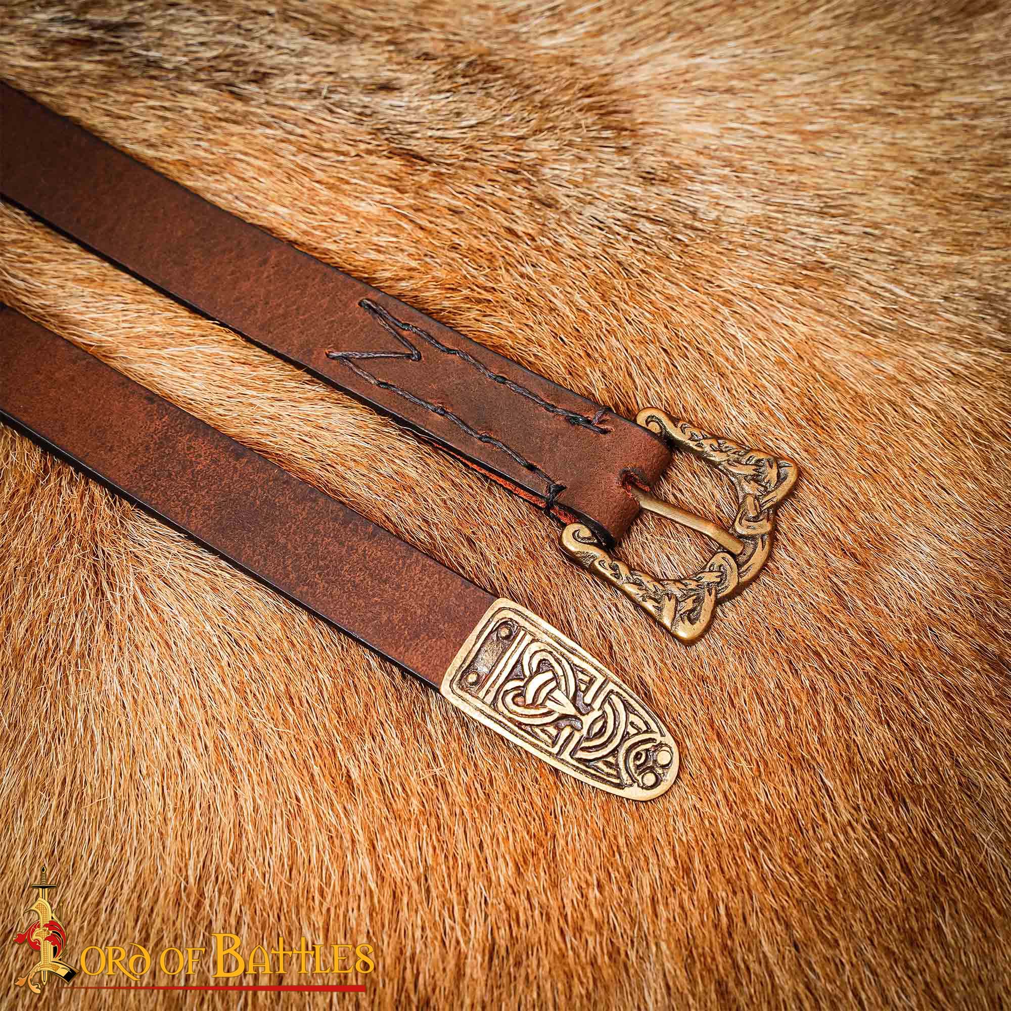 9th Century Viking Leather Belt with Brass Buckle and Strap End Norse Knotwork Design-25880BR 5